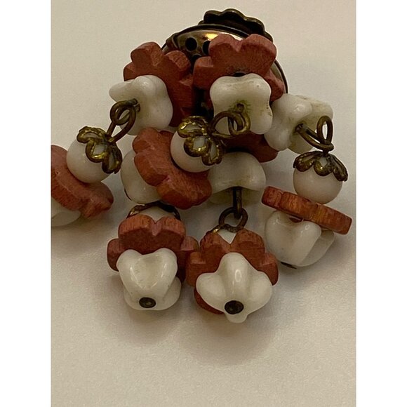 Vintage West Germany Clip-On Earrings W/ White & Red Bead Dangle Flowers Brass A - Picture 9 of 9